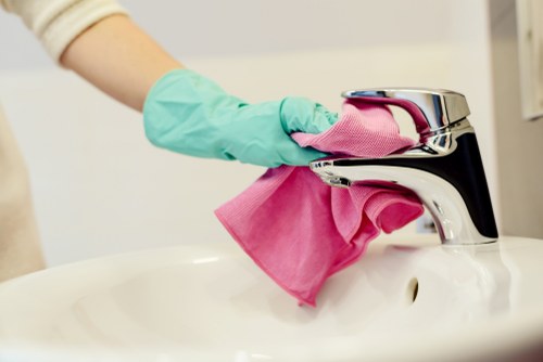 Safety-focused cleaner reviewing procedures during a cleaning task